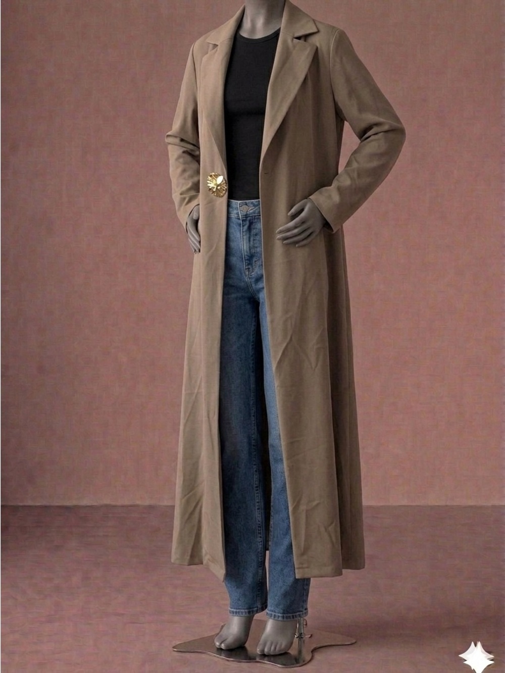 Women's Long Taupe Trench Coat - Size S - Peak Lape